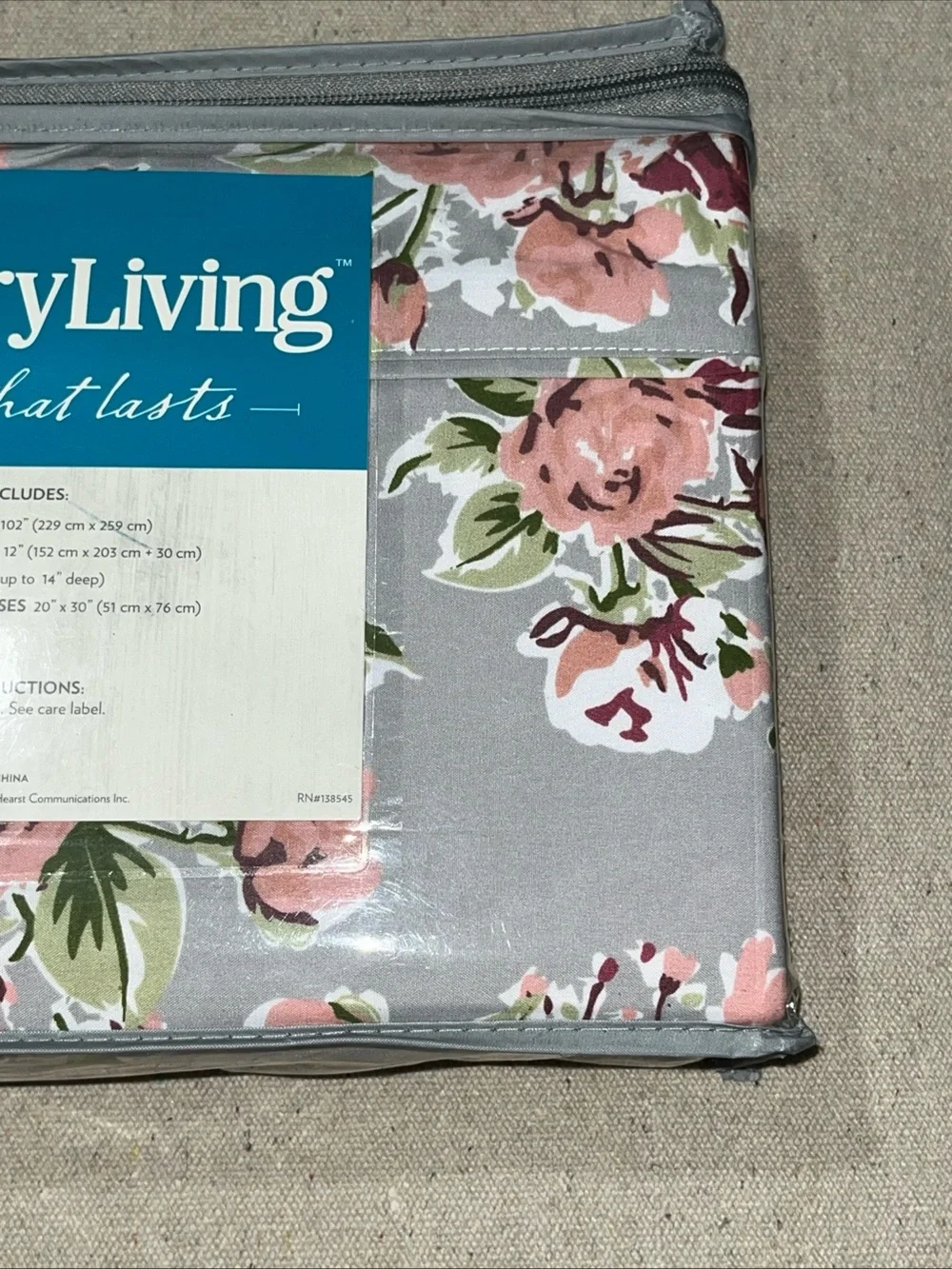 Country Living Queen Size Microfiber Sheet Set Pink Floral on Gray 4 pieces New